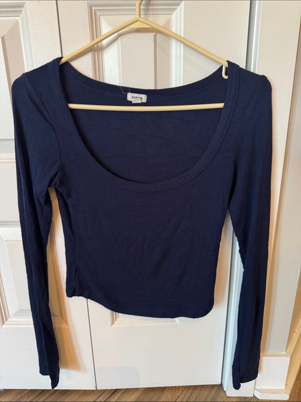 Garage Navy Scoop Neck Ribbed Long Sleeve Top